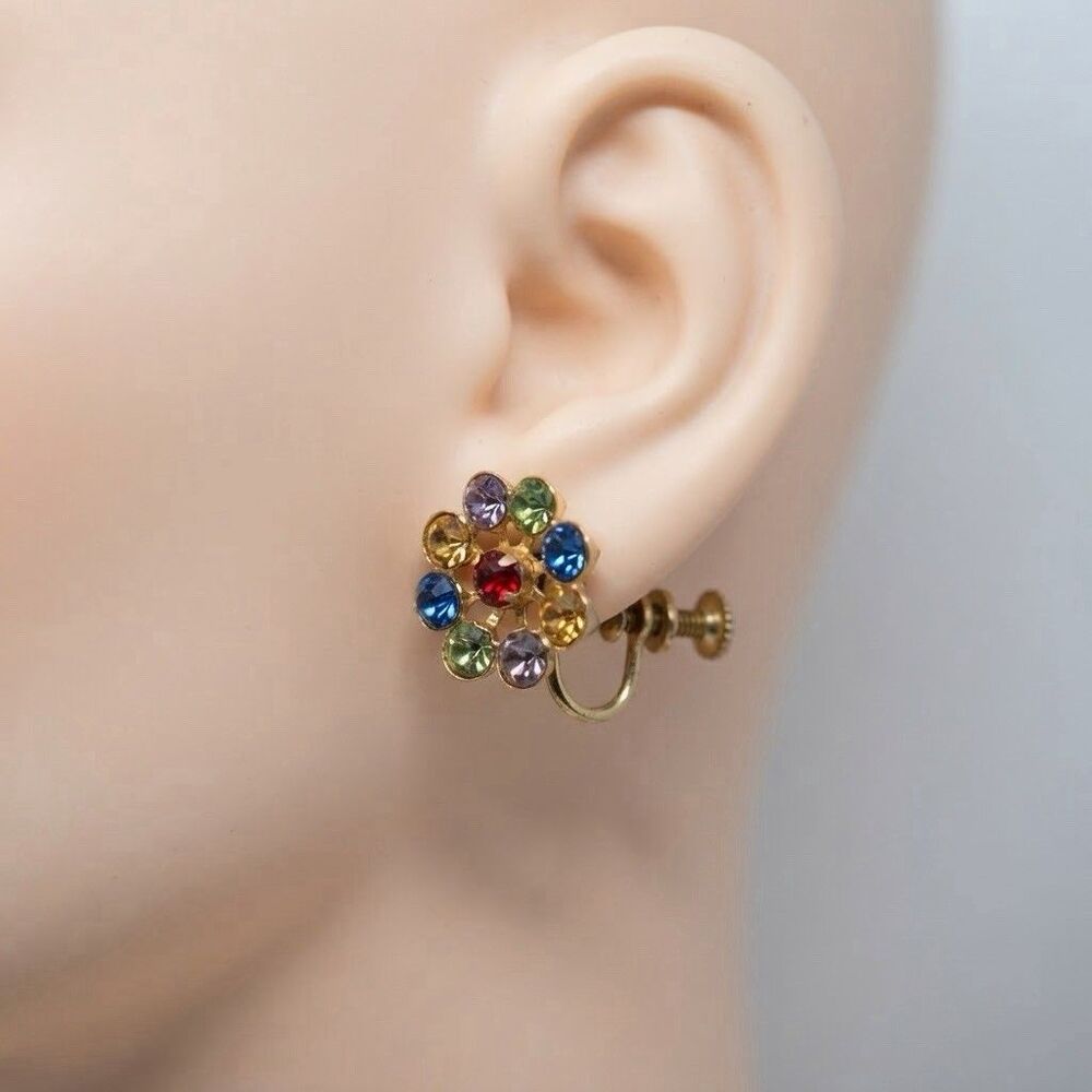 Gold-tone floral vintage multicolor screw-on earrings